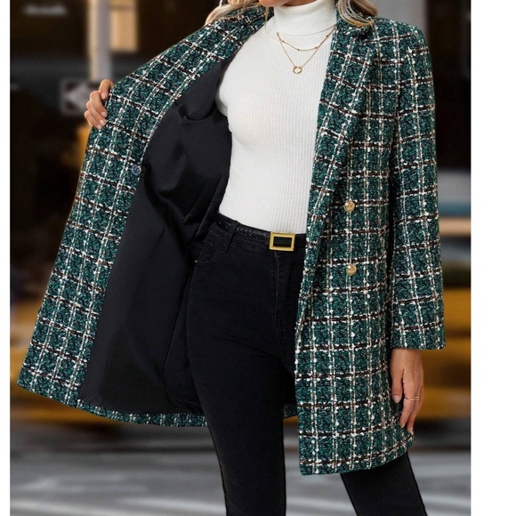 Classic Plaid Tweed Double Breasted Pockets Lined Coat Jacket - Picture 2 of 4